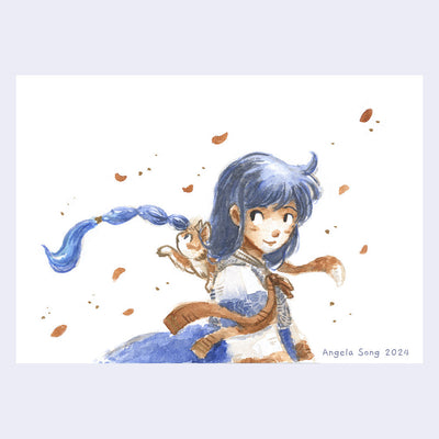 Painting of a girl with a long blue braid, which is blown over her shoulder from wind. Fall leaves float around her and a small cat plays with her braid.
