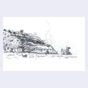 Ink sketch of a large dragon, resting its head on the ground. A girl, tiny in comparison sits at a table and shares a cup of tea with it. 