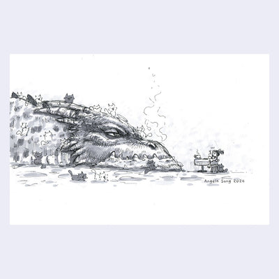 Ink sketch of a large dragon, resting its head on the ground. A girl, tiny in comparison sits at a table and shares a cup of tea with it. 