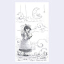 Ink and watercolor greyscale sketch of a girl wearing a dress and holding a star in her hand. On her back is a satchel filled with more stars.