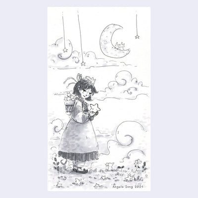 Ink and watercolor greyscale sketch of a girl wearing a dress and holding a star in her hand. On her back is a satchel filled with more stars.