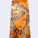 Skateboard deck with mechanical-themed design of a woman's face on an orange background