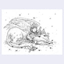 Black ink sketch of a dragon with smaller, angel like wings laying on the ground with a small girl cuddled up to it and making a flower crown on its head.
