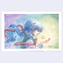 Watercolor illustration of a girl with long blue hair holding a star, with purple, blue and green light shining around her.