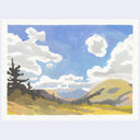 A watercolor landscape artwork depicting a blue sky with white clouds, yellow and brown hills, and dark pine trees, presented on a light gray background.