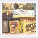 A square art print or painting depicting a storefront scene with signs reading 'Open 7 Days,' and other faded street elements, rendered in muted earth tones with yellow, brown, beige, purple, and red accents.