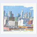 A square watercolor-style art work depicting a city skyline with tall buildings under a light blue sky, shown against a pale lavender background.