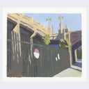 An impressionistic painting of an urban street scene with a dark fence in the foreground, buildings, crosses on rooftops, and a pale blue sky, shown with a white border on a light lavender background.