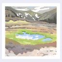 A square watercolor landscape painting featuring a small blue pond in a grassy field, with mountains and snowy peaks in the background, presented with a wide white border.
