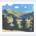 A square watercolor landscape painting featuring green and yellow mountains under a bright blue sky with white clouds, surrounded by a white border.