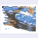Gouache landscape painting of a creek in a snowy scene,  with yellow grass growing out of it.