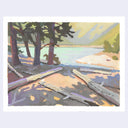Gouache landscape painting of a lake scene, seen from the shore with logs laying on the sand and shading trees.