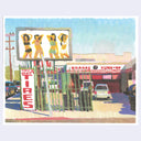 A colorful painted street scene showing a tire store with a large billboard featuring four posing women, parked cars, utility poles, and a light blue sky. The artwork is presented on a white background.