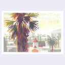 A watercolor painting of a palm tree in front of a cityscape with other palm trees, buildings, and a pale sky, shown on a white paper background with a light gray surround.
