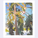 An impressionist-style painting of tall trees with green and yellow foliage, brown trunks, and blue sky, shown with a white border on a light gray background.
