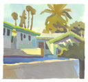 An impressionistic painting of a sunny courtyard scene with stucco buildings, palm trees, a blue pool, and a gray foreground, rendered in broad brushstrokes of green, yellow, blue, gray, and brown.