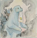 Watercolor illustration of a dinosaur-like kaiju holding a plastic shopping bag in its mouth, and emerging from smoke clouds.