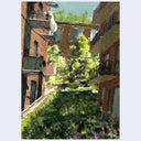 An impressionistic painting of an outdoor courtyard or alley between reddish-brown apartment buildings, with green trees and foliage, a white dog on a balcony, and a small purple flower cluster in the foreground.