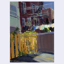 An impressionistic painting of an outdoor residential alleyway with a bright yellow wooden fence in the foreground, red and green buildings in the background, and power lines stretching across the scene.