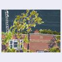 An impressionistic painting of an urban street scene featuring a brick building, green trees, and a dark blue sky, presented on a light gray background.