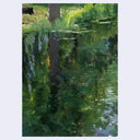 An impressionistic painting of a pond or lake reflecting green reeds, trees, and dappled sunlight, shown against a light gray background.