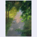 An impressionistic painting of a sunlit path winding through dense green trees, with visible brushstrokes in shades of green, gray, beige, and soft blue.