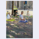 An impressionistic painting of several people meditating or sitting in a park, rendered in soft brushstrokes with greens, grays, browns, and whites.