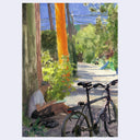 An impressionist-style painting depicting a sunlit outdoor path lined with trees and greenery, with two bicycles in the foreground and a seated figure near a tree on the left.