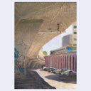 An impressionistic painting depicting an urban scene under a large concrete bridge or archway, with a pinkish-red arched structure on the right, parked cars along the road, and graffiti on the left wall.