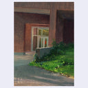 An impressionistic painting of an outdoor architectural scene with a dark brown building, a window, green shrubs, and a gray path, shown against a light gray background.