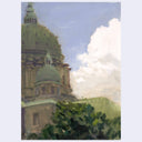 An impressionistic painting of a large domed cathedral or historic building under a blue sky with white clouds, with green trees in the foreground.