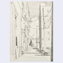A monochrome pencil-style sketch of a narrow urban alleyway with tall buildings, utility poles, wires, parked cars, and a few small human figures, presented on a light gray background.