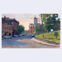 Landscape painting of an old town street, with red brick buildings, a red church-like structure and a green hillside. 