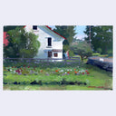 A landscape painting of a white house with a red roof, surrounded by green trees and a flowered field, shown on a light gray background.