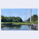 A landscape painting of a calm body of water with trees, grass, utility poles, and a pale blue sky, shown against a light gray border. 