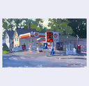 An impressionistic painting of a small gas station scene with Shell signs, trees, a house, and a street in blue, green, white, and red tones, shown against a light gray background.