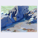An impressionistic painting of a rocky coastal scene with deep blue cliffs, pale sandy shore, and soft green water, signed 'Mareth Jones' in red at the lower right.