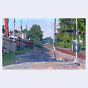 An impressionist landscape painting of a quiet street with trees, utility poles, and houses, signed by artist Garth Jones in the lower right corner.