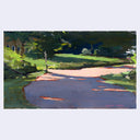 Painting of a driveway, wide and flat lined by grass and with sunlight dappling it.