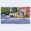 A landscape painting of a street scene featuring a small pavilion decorated with red, white, and blue bunting, set against a brick building and green trees. 