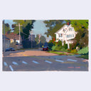 Painting of a street scene with a large white house in the background, surrounded by plants and trees. The street is lined by telephone poles with wires.