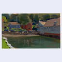 Painting of a harbor, with houses in the background and buildings on a pier. 