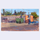 A colorful watercolor painting of a street scene featuring a green dumpster, an orange wall with 'McHARDY'S' painted on it, a blue dumpster, and a streetlamp, shown on a light gray background.