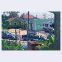 An impressionistic painting of an outdoor street scene with houses, parked cars, a truck, utility poles, and foliage, shown against a light gray background.