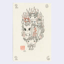 Illustration of a smiling character with a flame horse propped atop its head, with smaller cute characters riding it.