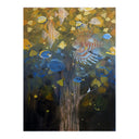Painting of a large dark tree trunk, with an ombre effect of fish filling the foliage in. Fish go from yellow to blue to a dark background. Various paint splatters and falling gingko leaves decorate the piece.