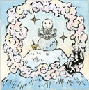 Ink and watercolor illustration of a small cartoon skeleton sitting on top of a flat snowy mountain on a snowball. Clouds create a circle around it.