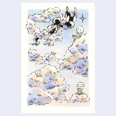 Ink and watercolor illustration of clouds at a purple sunset time, with a cat shaped ghost cloud at the top.