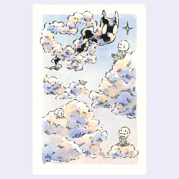 Ink and watercolor illustration of clouds at a purple sunset time, with a cat shaped ghost cloud at the top.