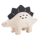 Wooden figure of a dinosaur with a black spiked back on a white background
